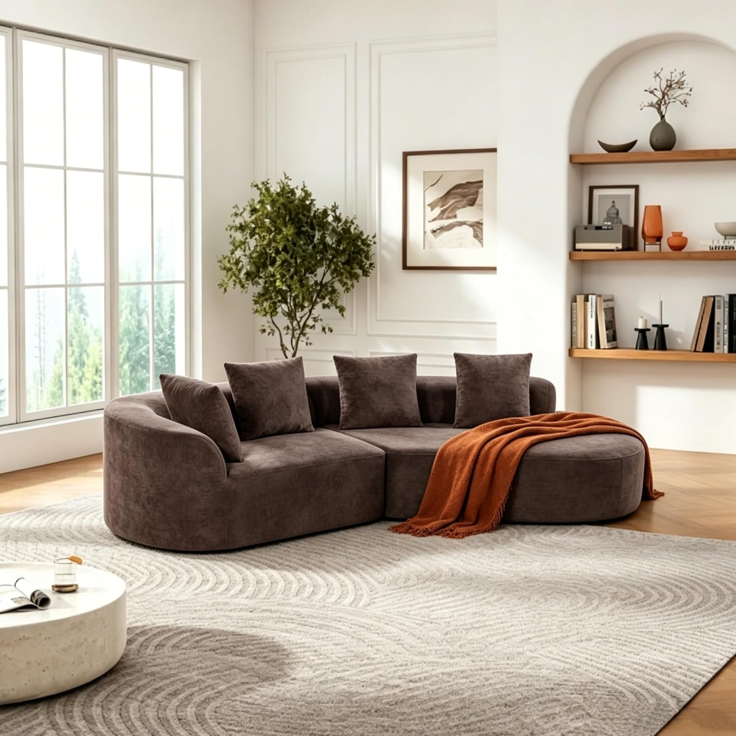 Brown Curved L-Shaped Modular 4-Seater Sectional Sofa