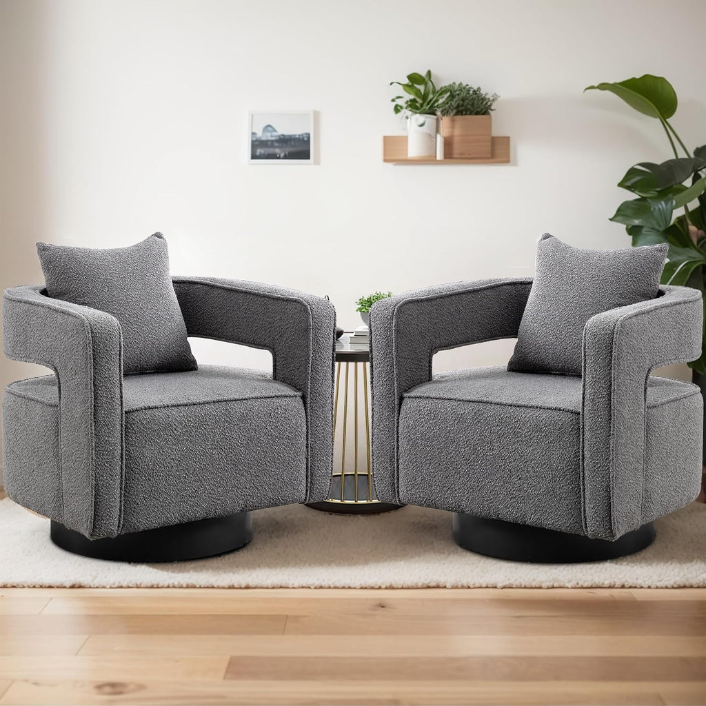 Gray Boucle 2 Pack Modern Swivel Barrel Chairs