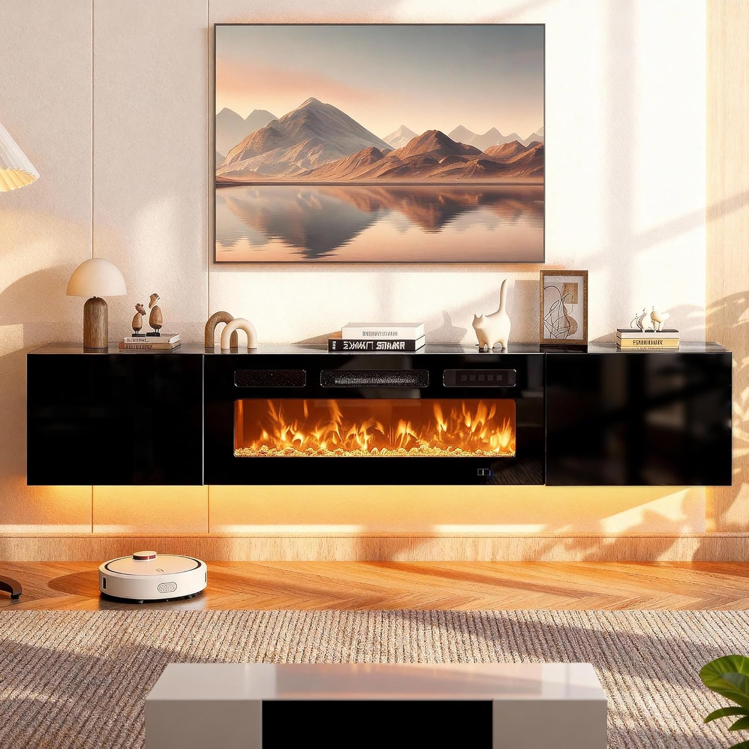Black Electric Fireplace LED Wall Floating TV Stand