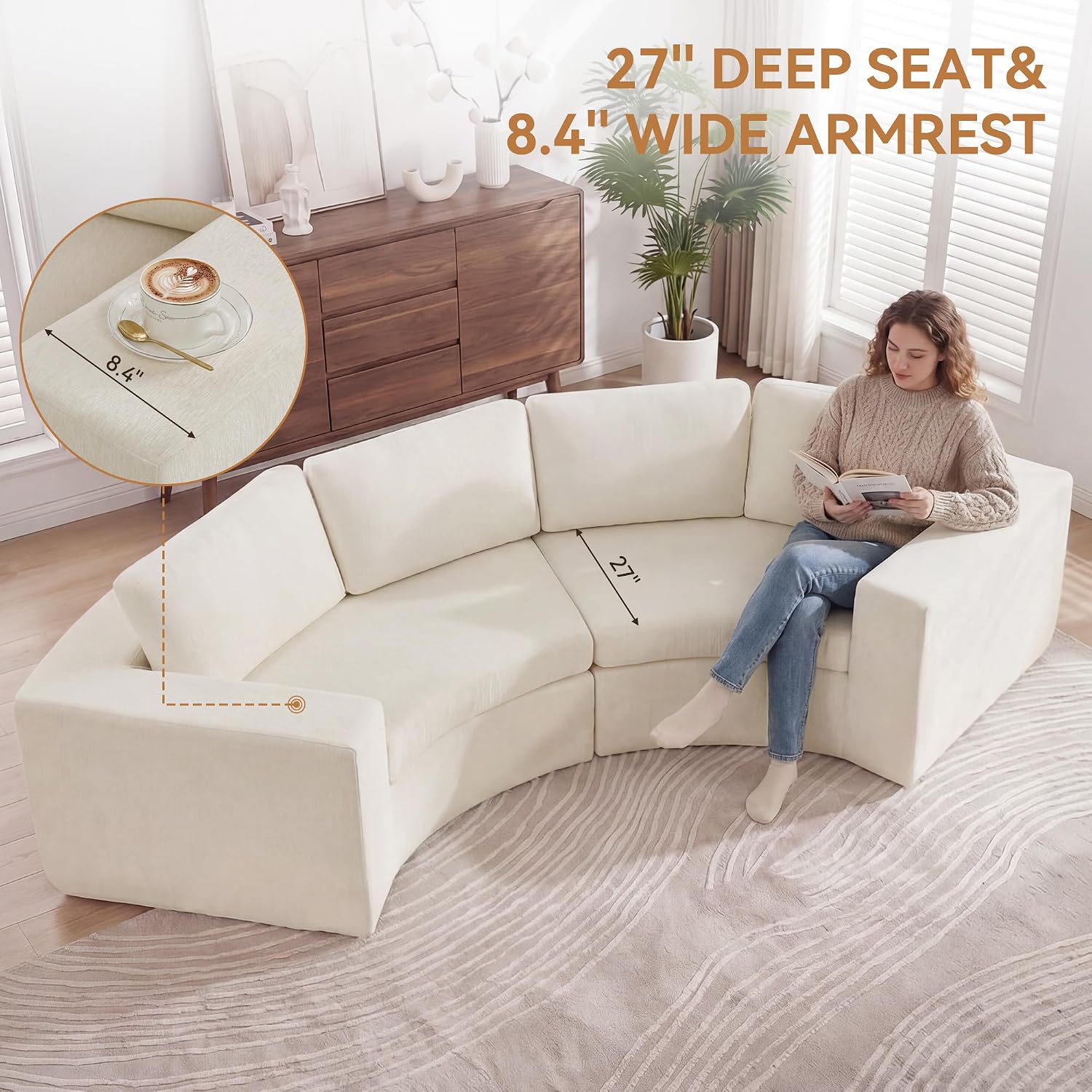 Beige Chenille Memory Foam Curved Cloud Sofa