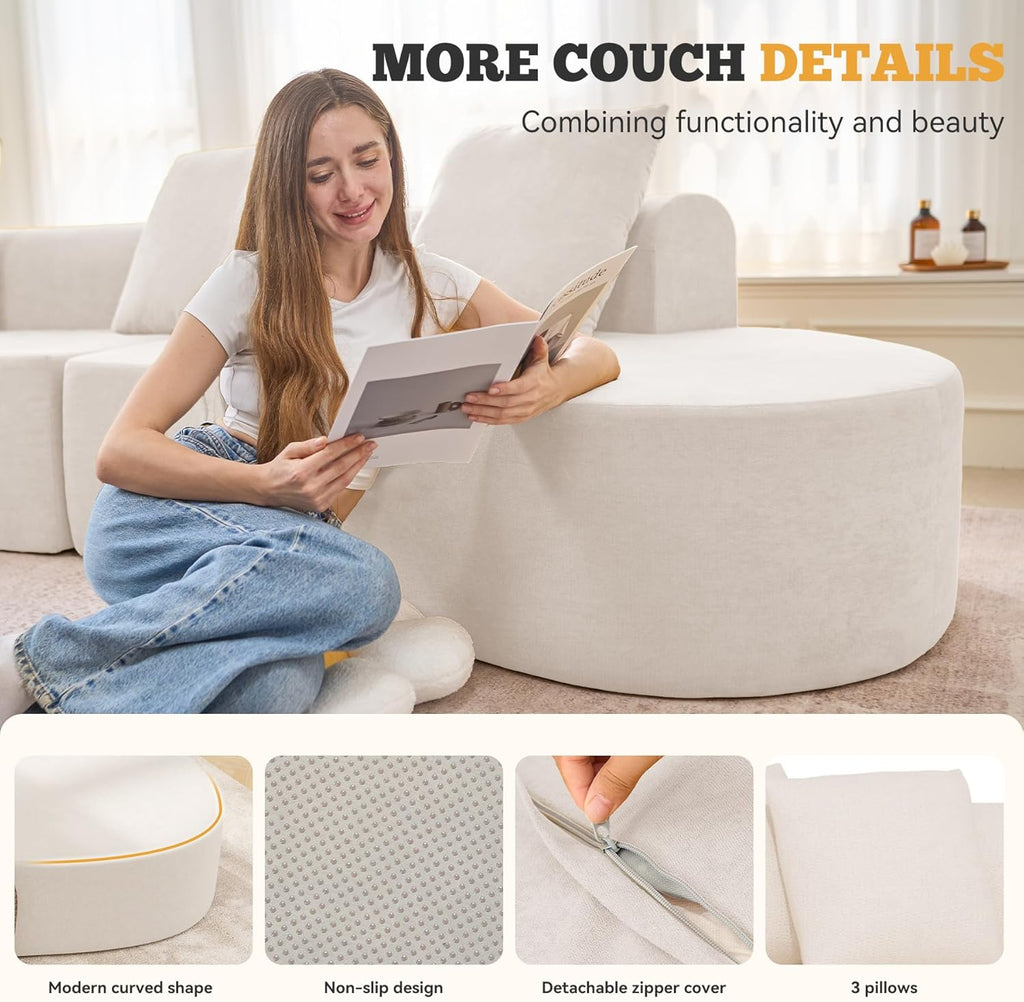 Beige Chenille Curved Modular Cloud Sectional Sofa