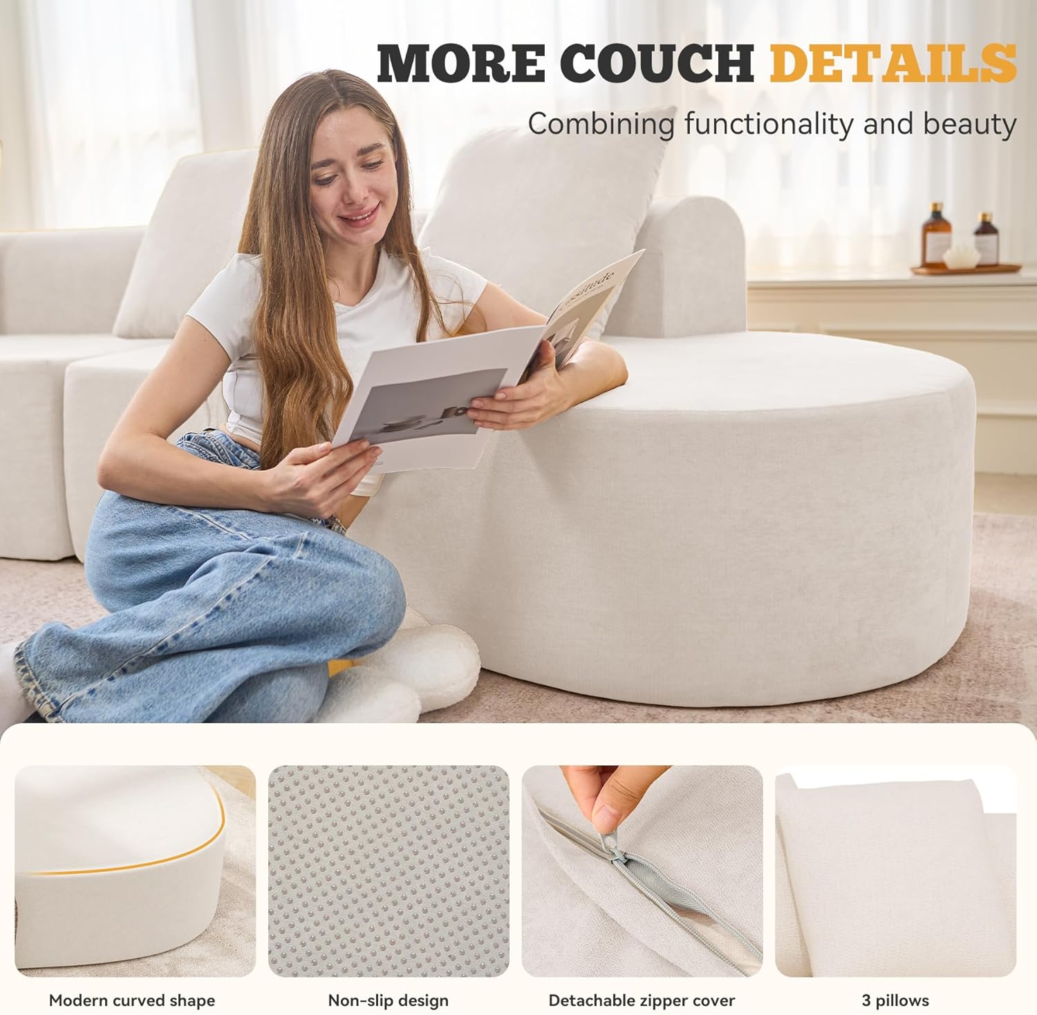 Beige Chenille Curved Modular Cloud Sectional Sofa