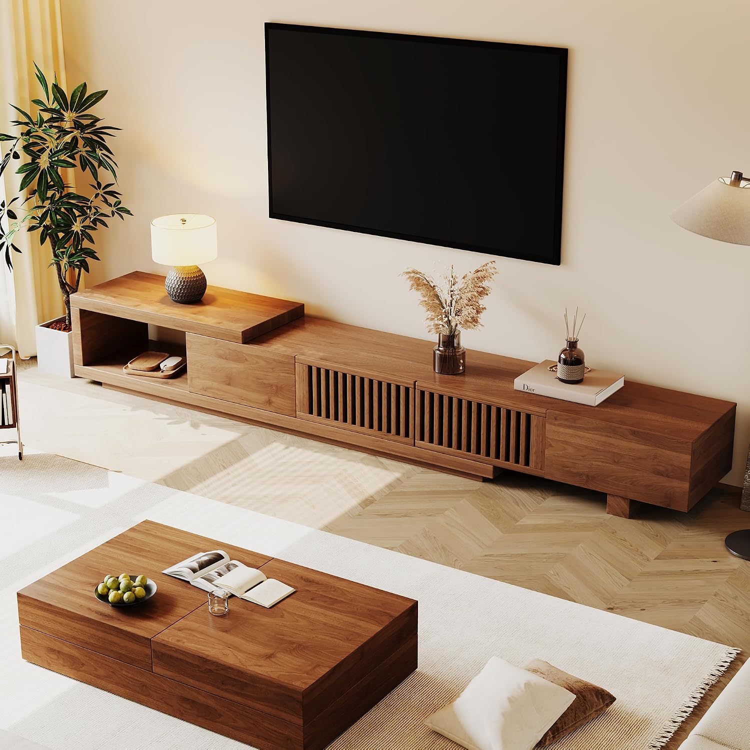Walnut Extendable Slatted Storage Mid Century TV Stand