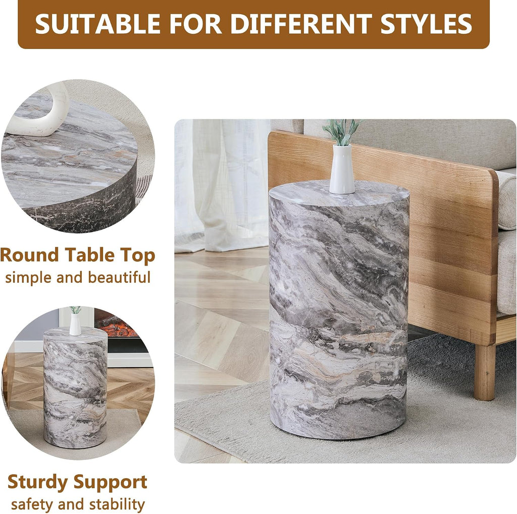 Grey Faux Marble Drum Fully Assembled Round Side Table