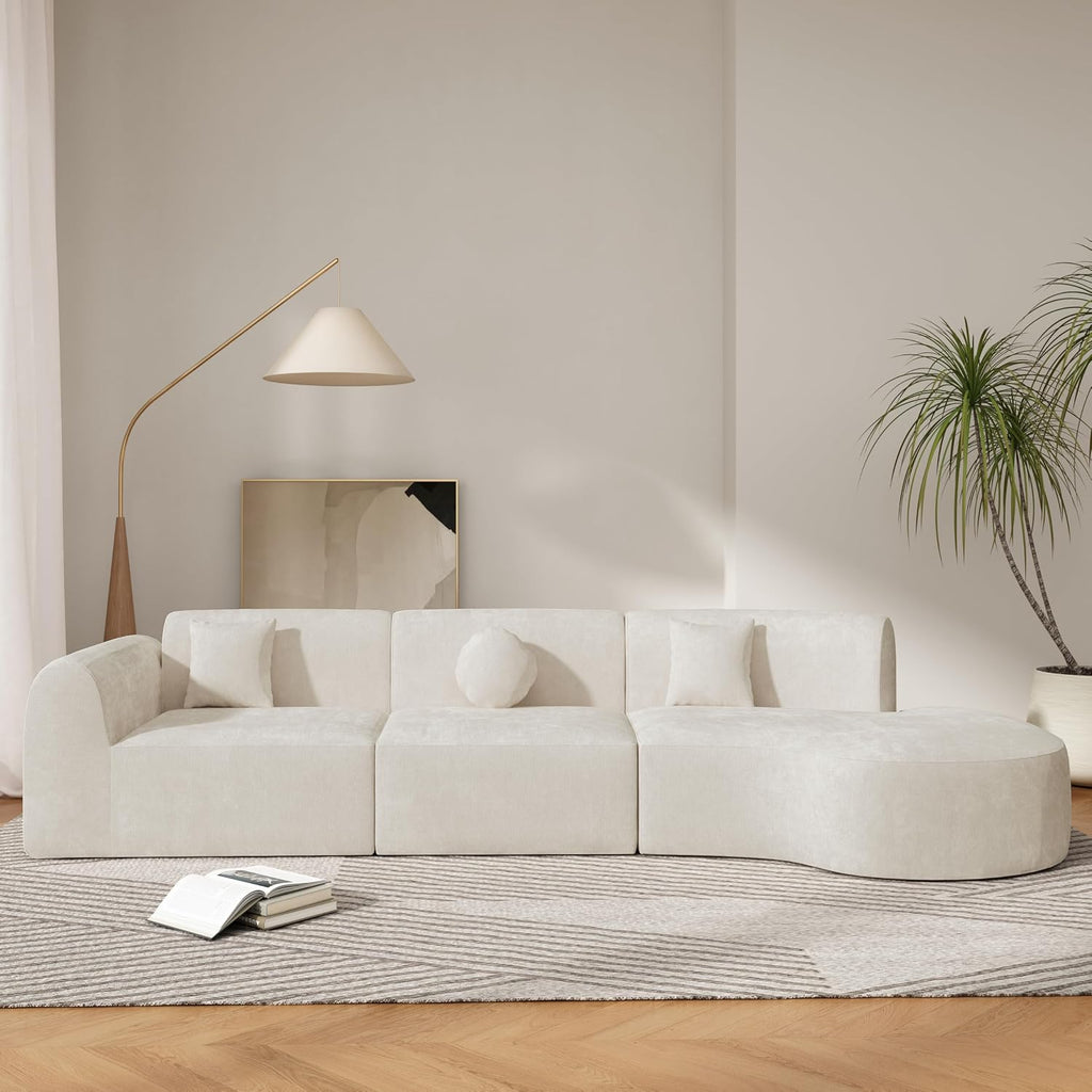 Beige Wool 6-Seater L-Shaped Curved Sectional Sofa