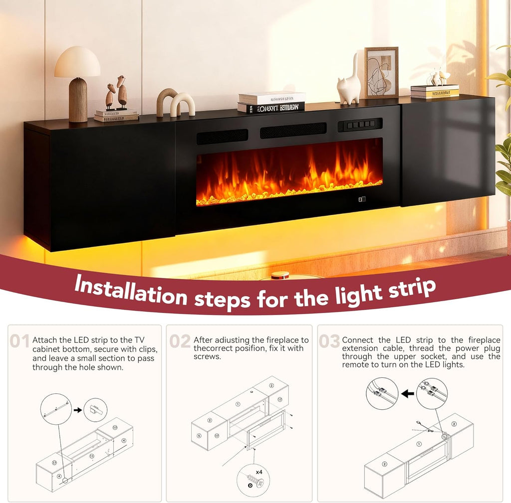 Black Electric Fireplace LED Wall Floating TV Stand