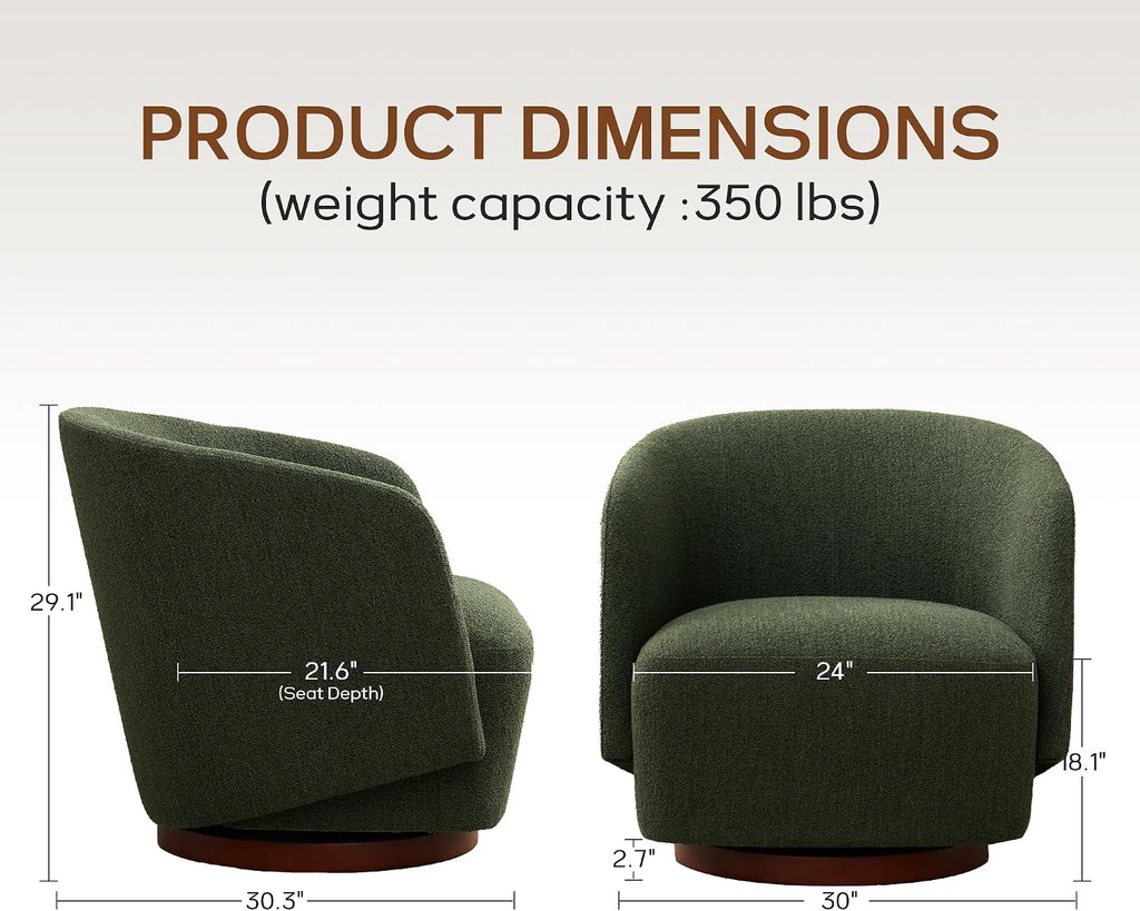 Green Boucle Rubberwood Base 360 Swivel Barrel Chair