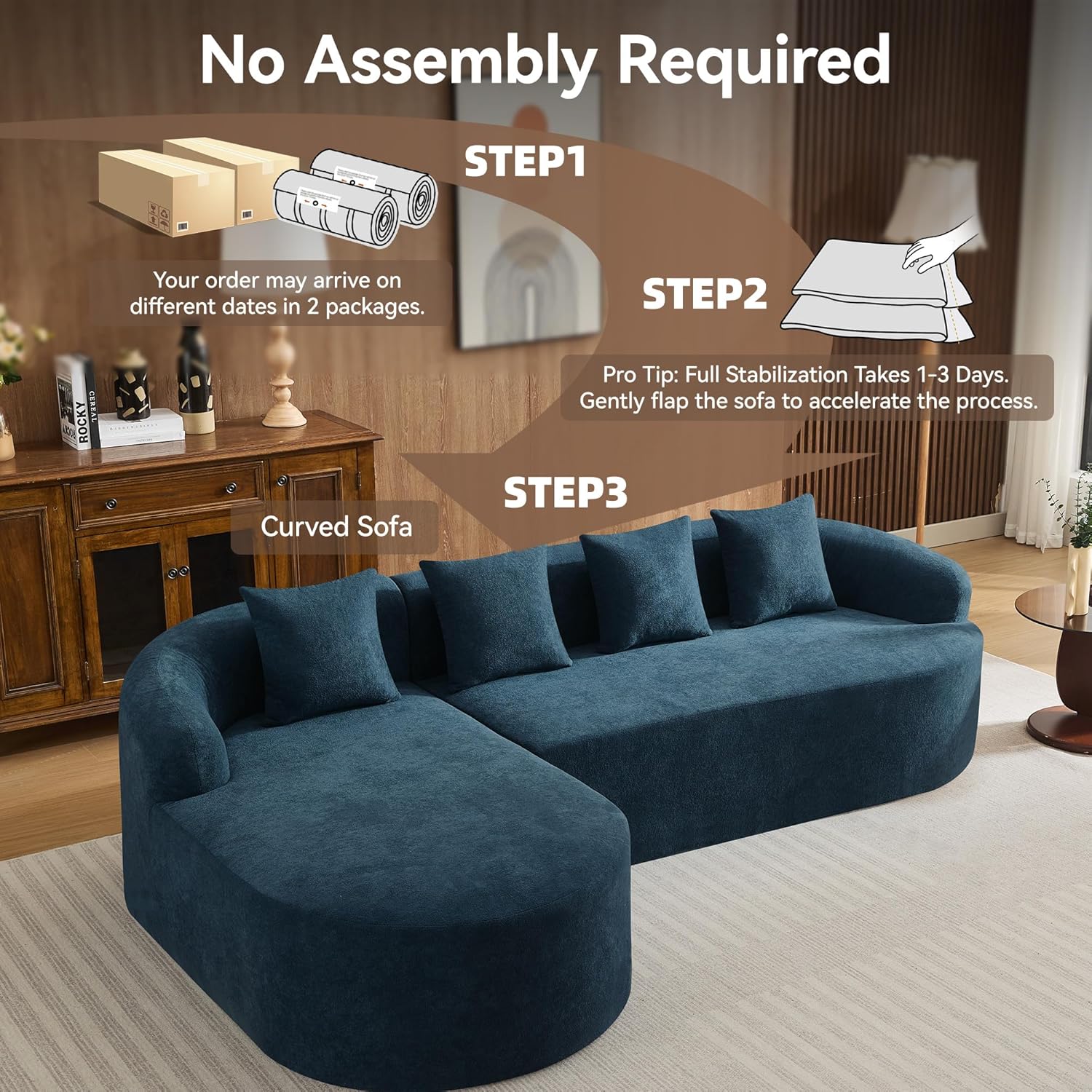 Blue Chenille L-Shaped 4-Seater Curved Cloud Sofa