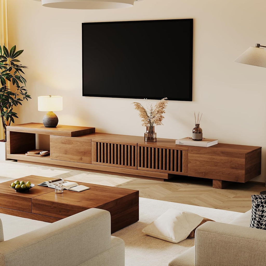 Walnut Extendable Slatted Storage Mid Century TV Stand