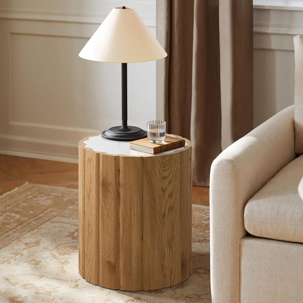 Marble Top Wood Wave Drum Round Side Table