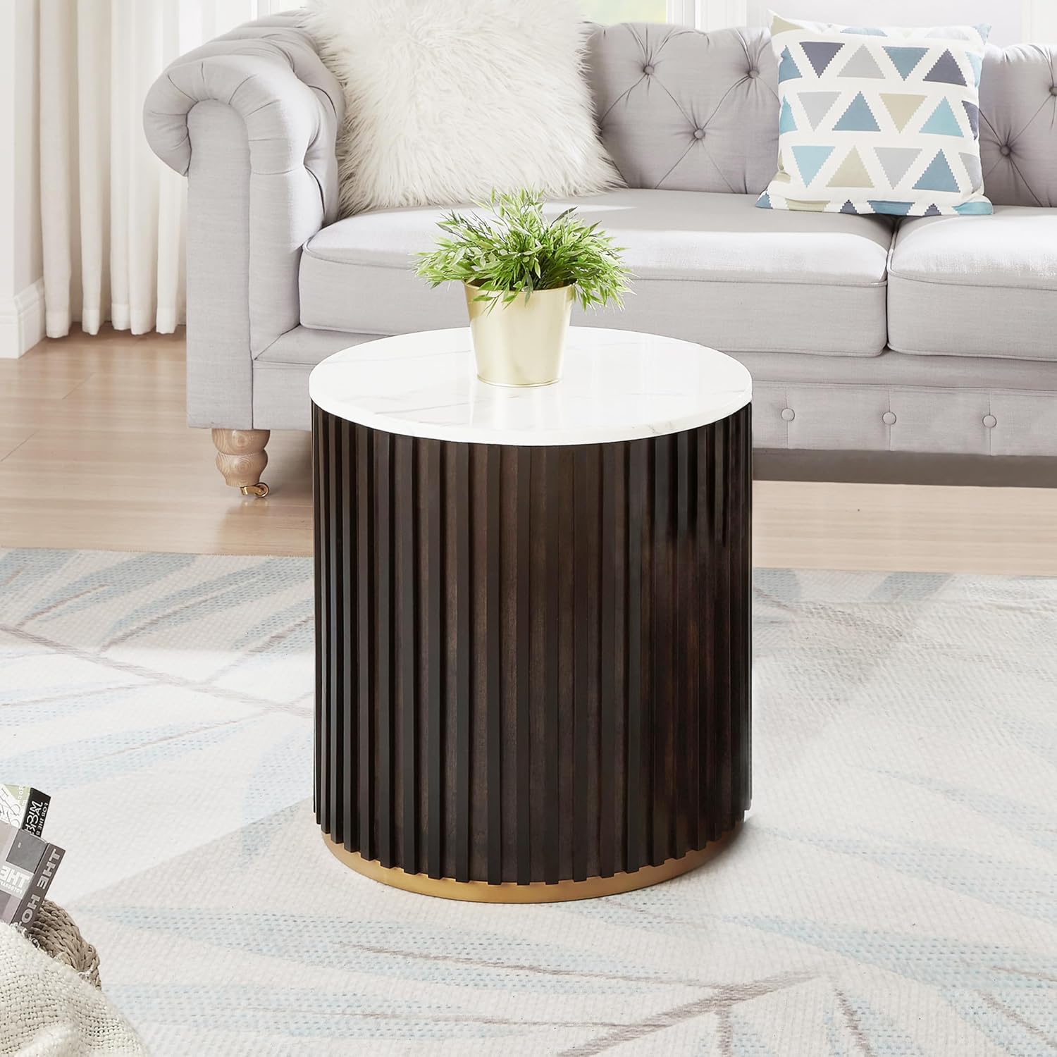Black Brown Storage Marble Top Drum Wood End Table