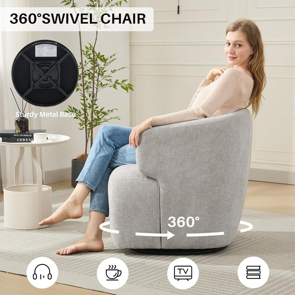 Light Grey Chenille Boucle Metal Base Swivel Armchair