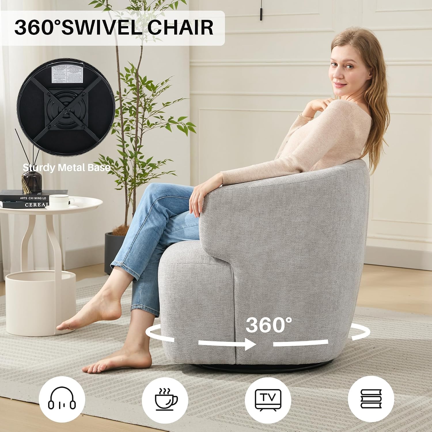 Light Grey Chenille Boucle Metal Base Swivel Armchair
