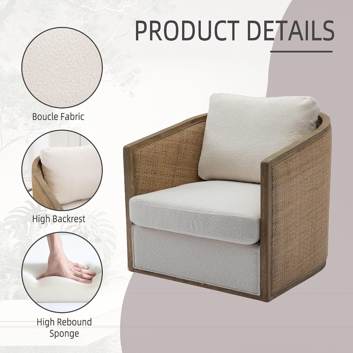 Beige Boucle Rattan Swivel Barrel Accent Chair