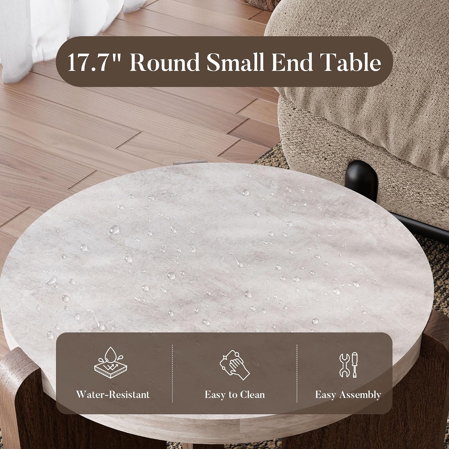 Cream Marble Top Three Leg Wood Round Side Table