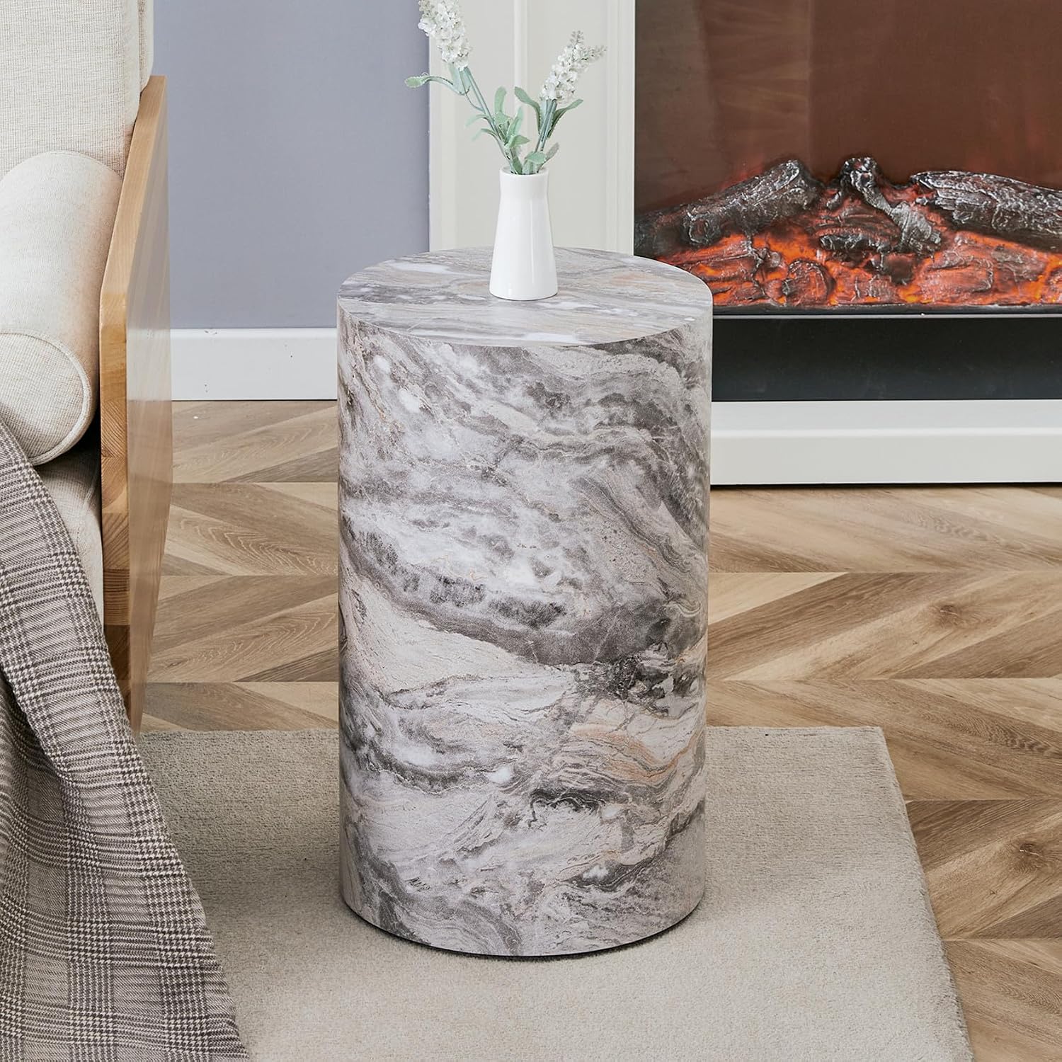 Grey Faux Marble Drum Fully Assembled Round Side Table