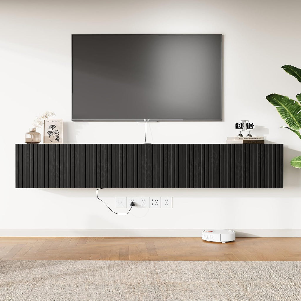 Black LED Power Fluted Wall Floating TV Stand
