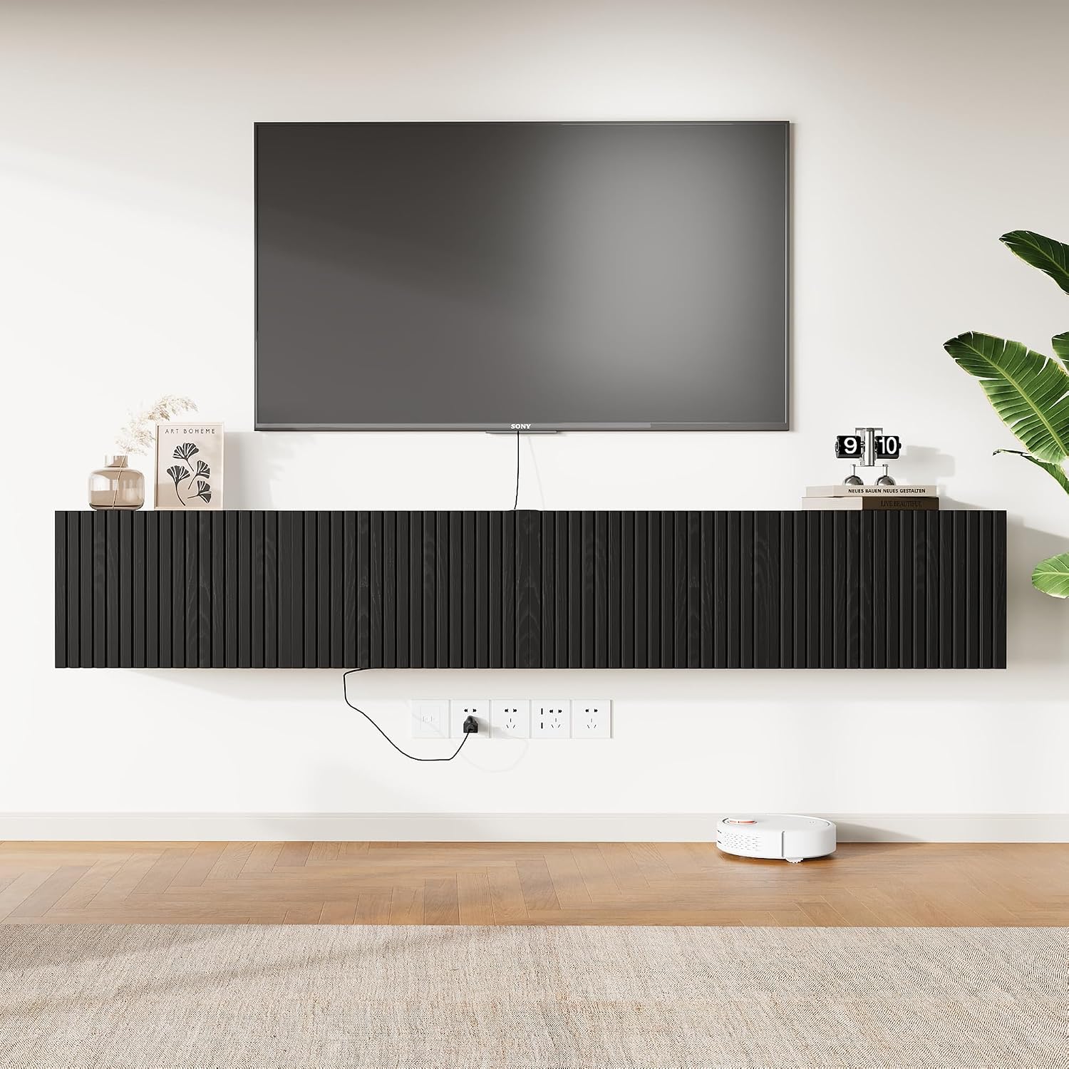 Black LED Power Fluted Wall Floating TV Stand