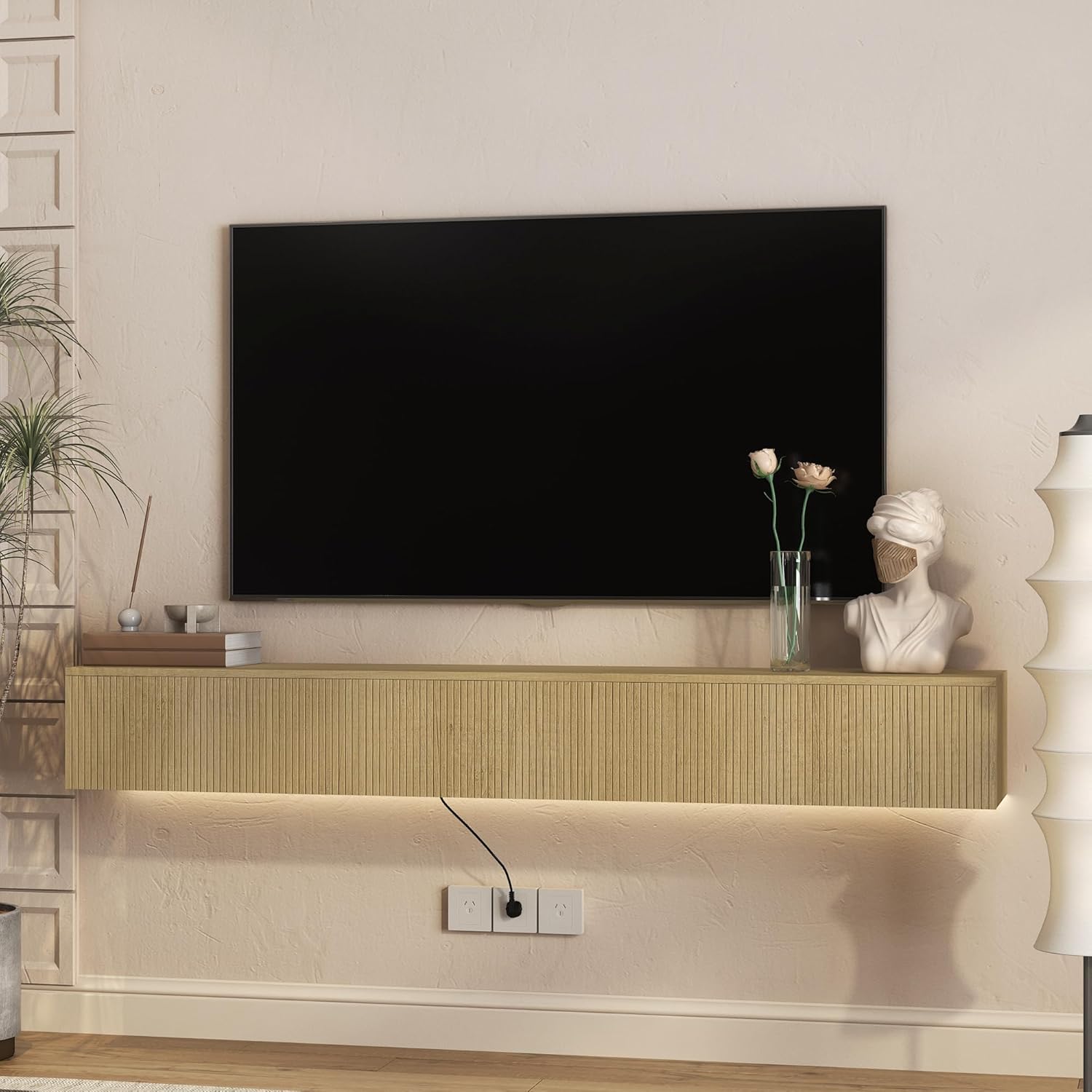 Oak Fluted LED Wall Mount Floating TV Stand