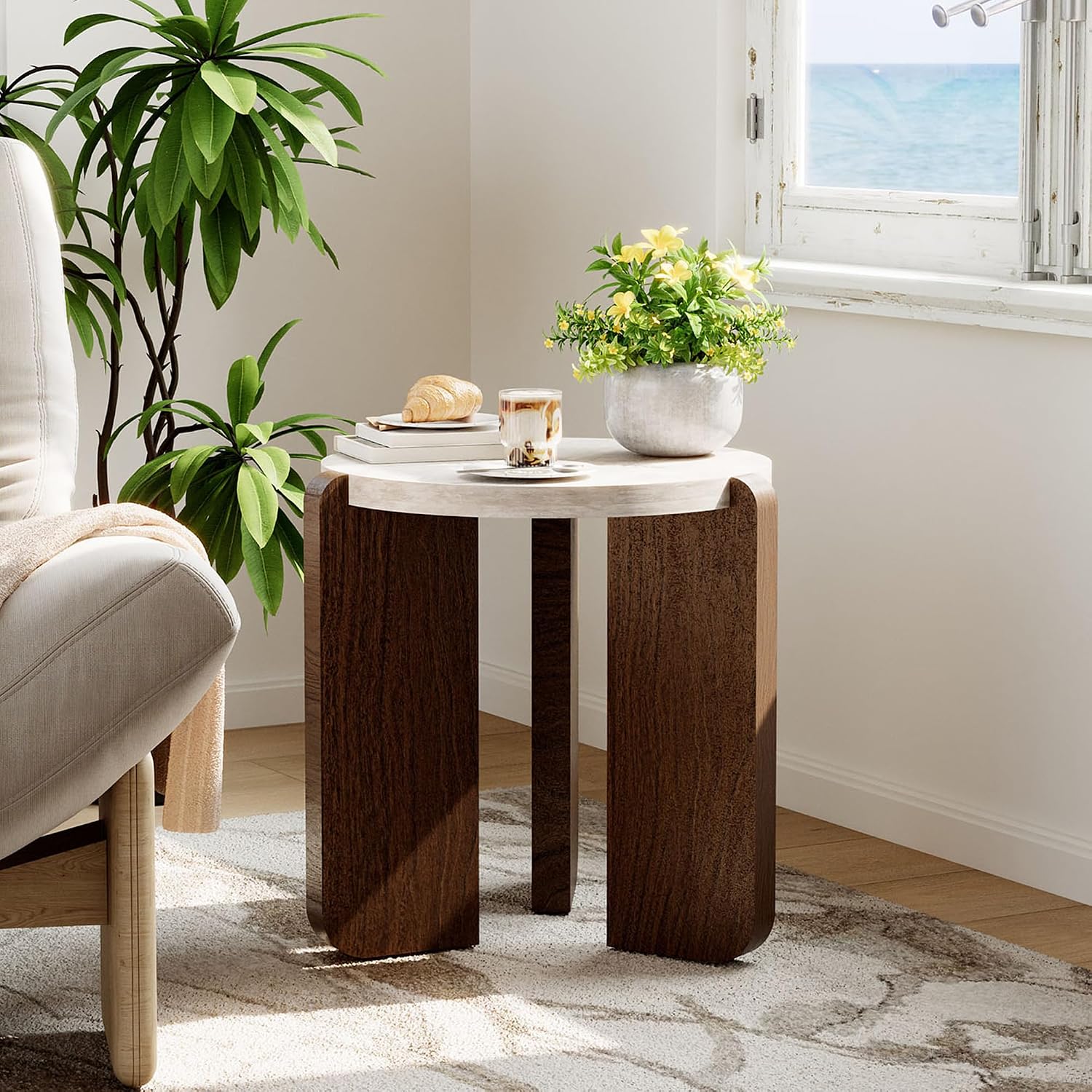 Cream Marble Top Three Leg Wood Round Side Table