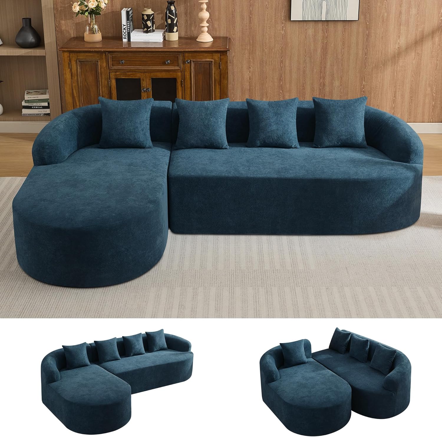 Blue Chenille L-Shaped 4-Seater Curved Cloud Sofa