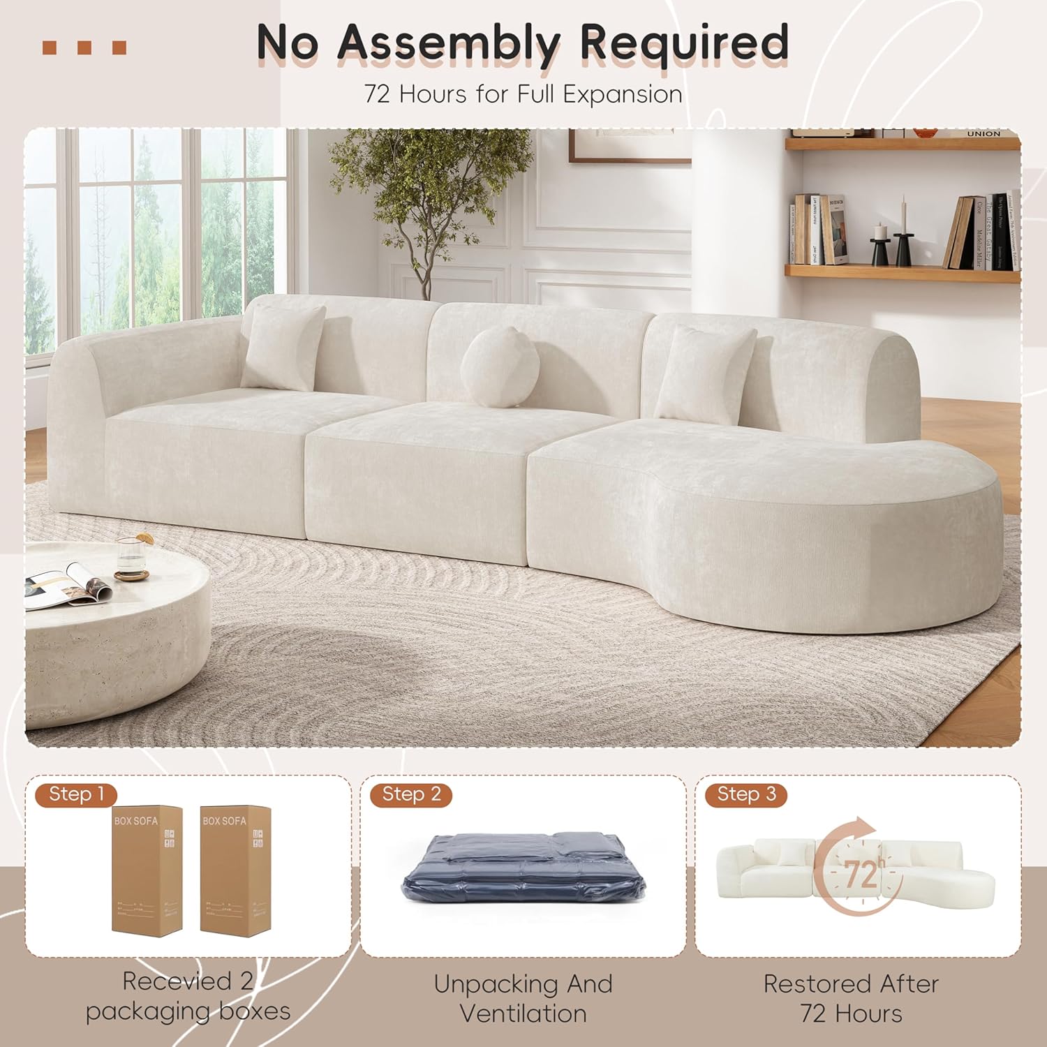 Beige Wool 6-Seater L-Shaped Curved Sectional Sofa