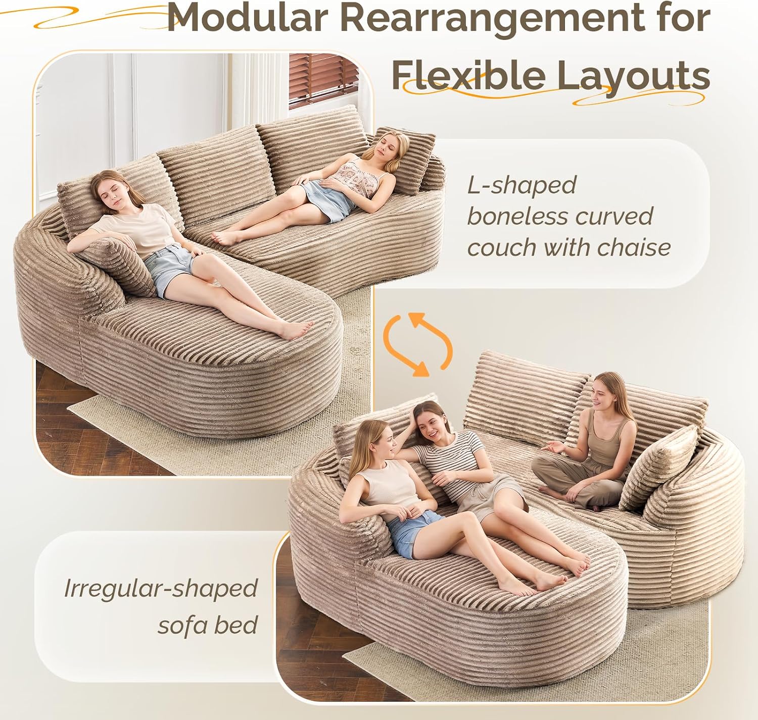 Khaki Corduroy Curved Convertible Chaise Cloud Sectional Sofa