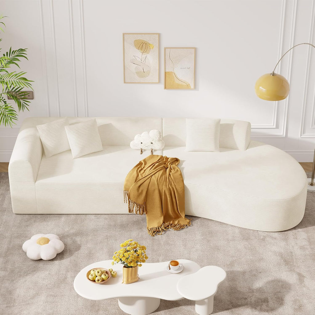 Beige Corduroy No-Assembly Curved Cloud Sectional Sofa