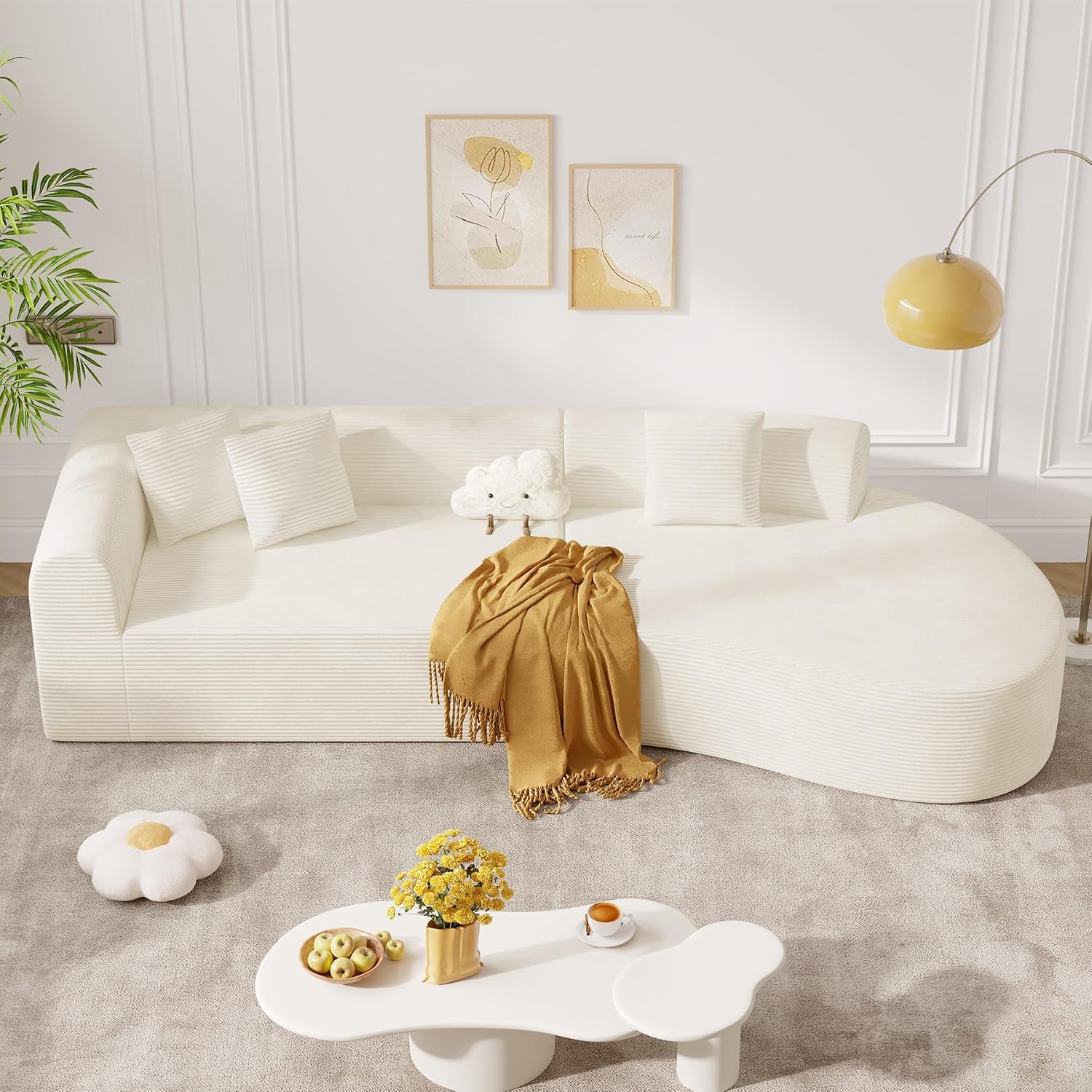Beige Corduroy No-Assembly Curved Cloud Sectional Sofa