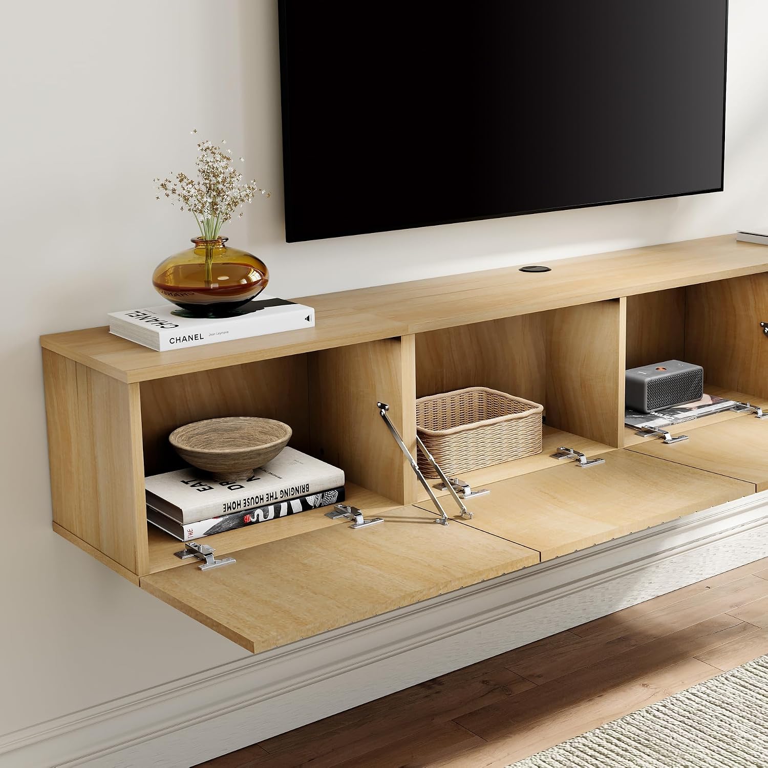Oak Fluted Flip Door Wall Floating Storage TV Stand