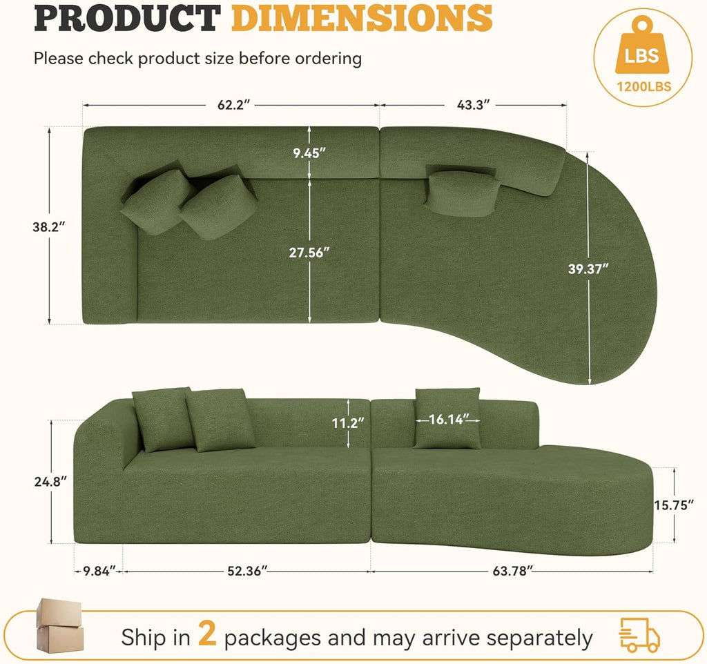 Green Chenille 126" Curved Modular Cloud Sofa