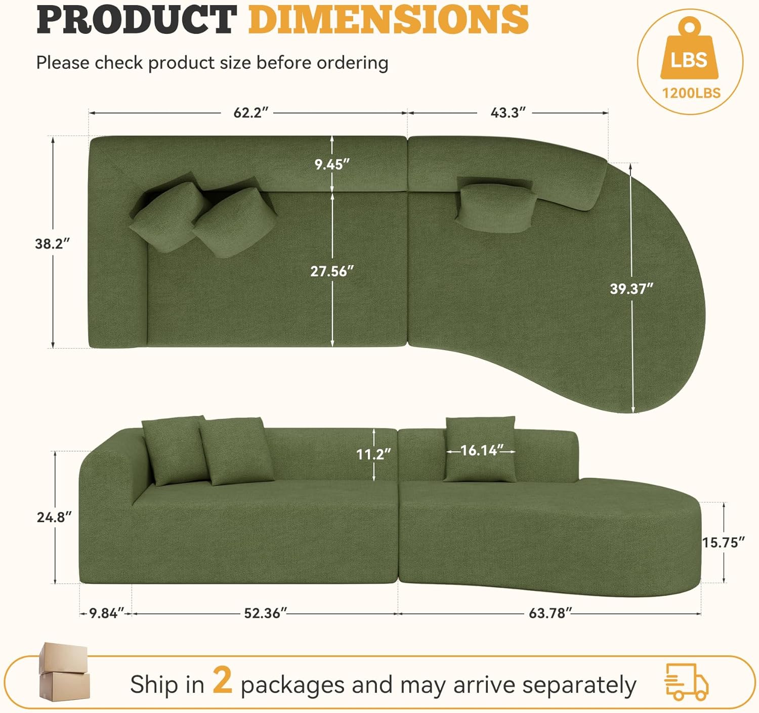 Green Chenille 126" Curved Modular Cloud Sofa