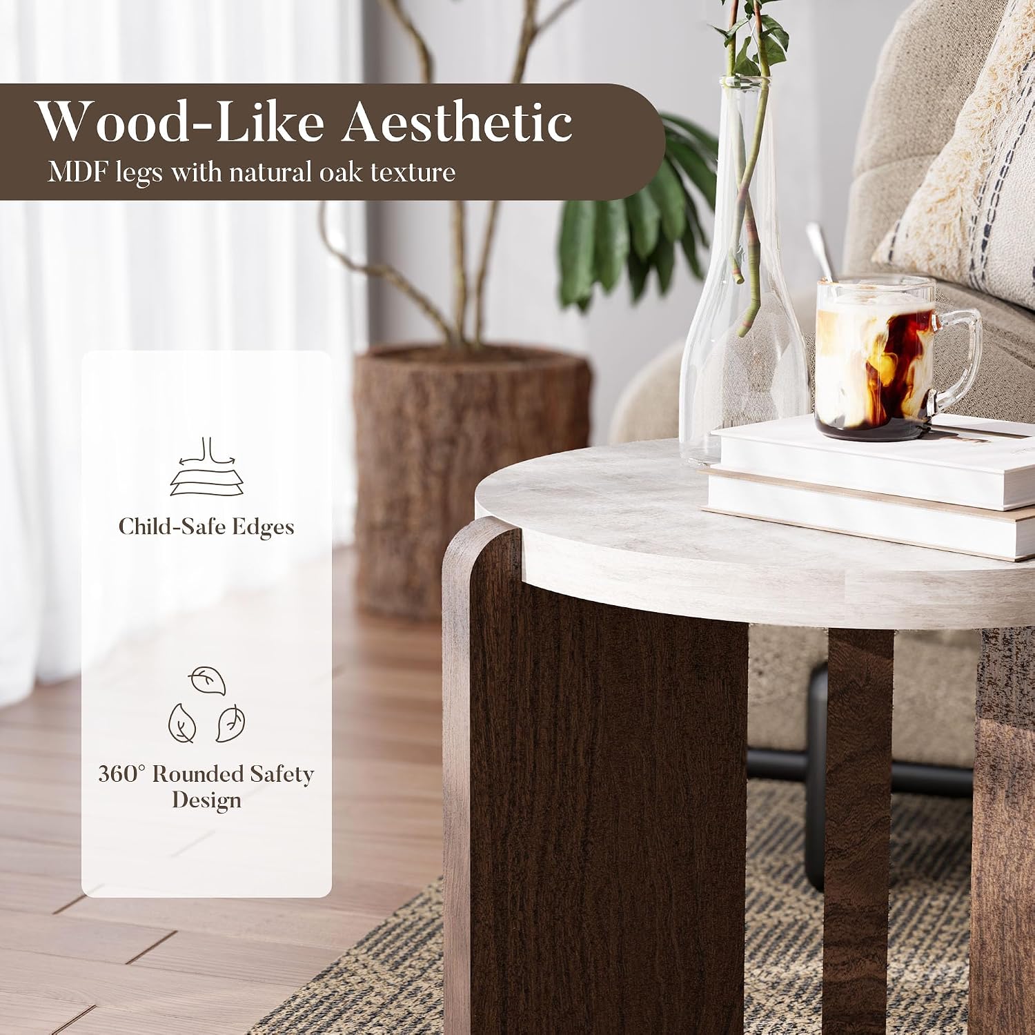 Cream Marble Top Three Leg Wood Round Side Table