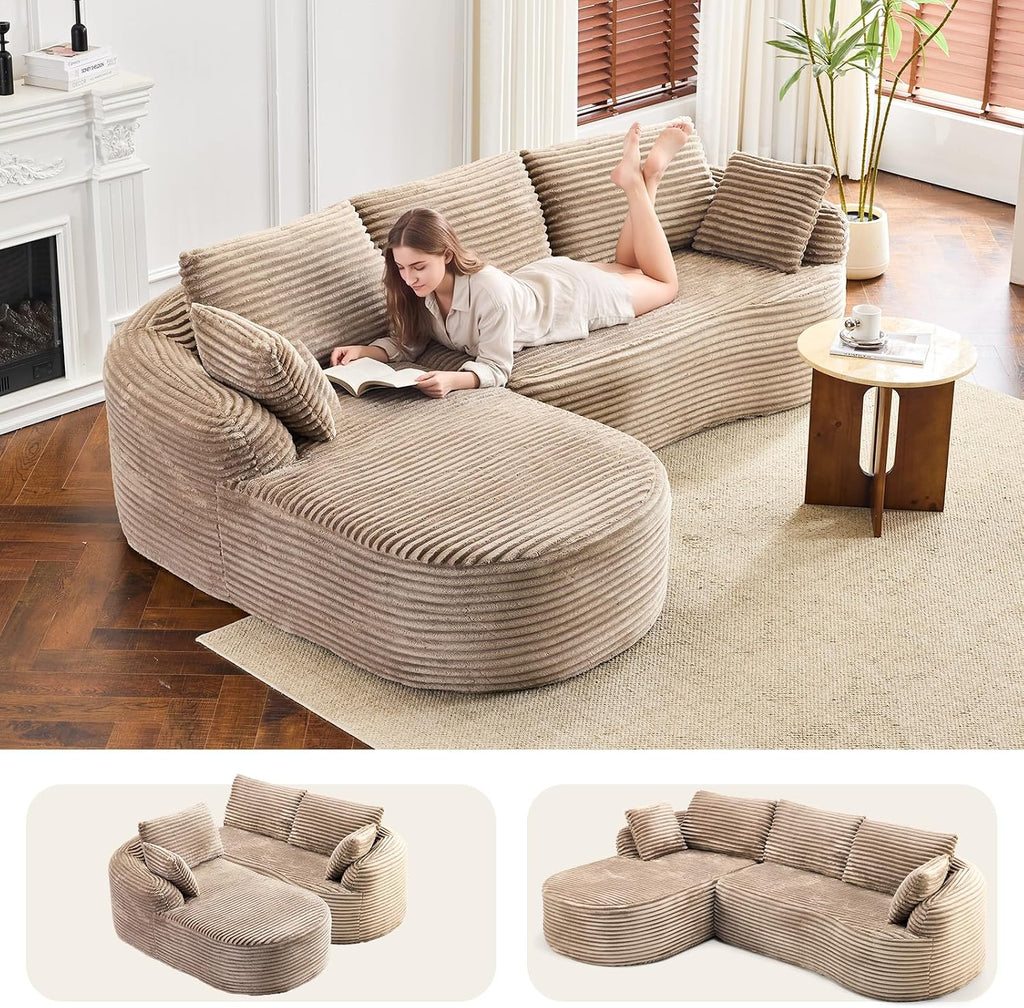 Khaki Corduroy Curved Convertible Chaise Cloud Sectional Sofa