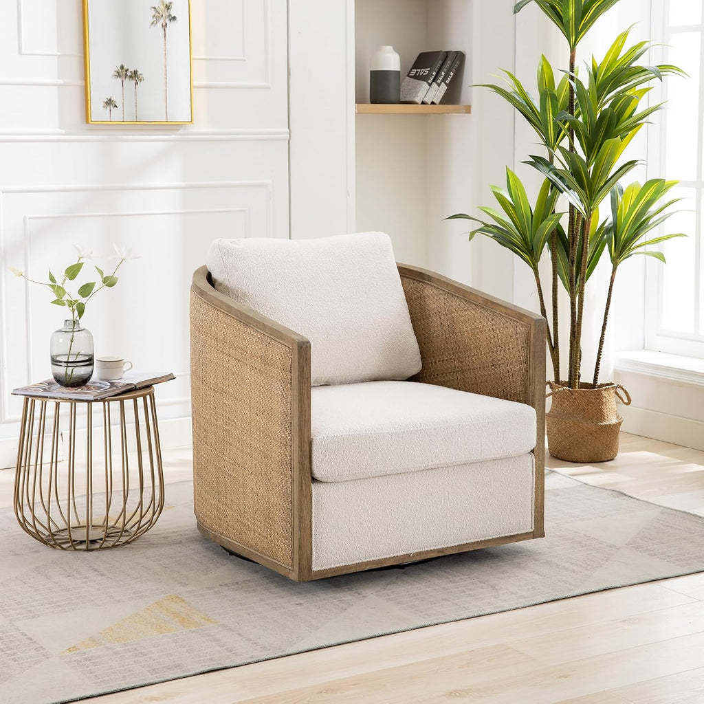 Beige Boucle Rattan Swivel Barrel Accent Chair