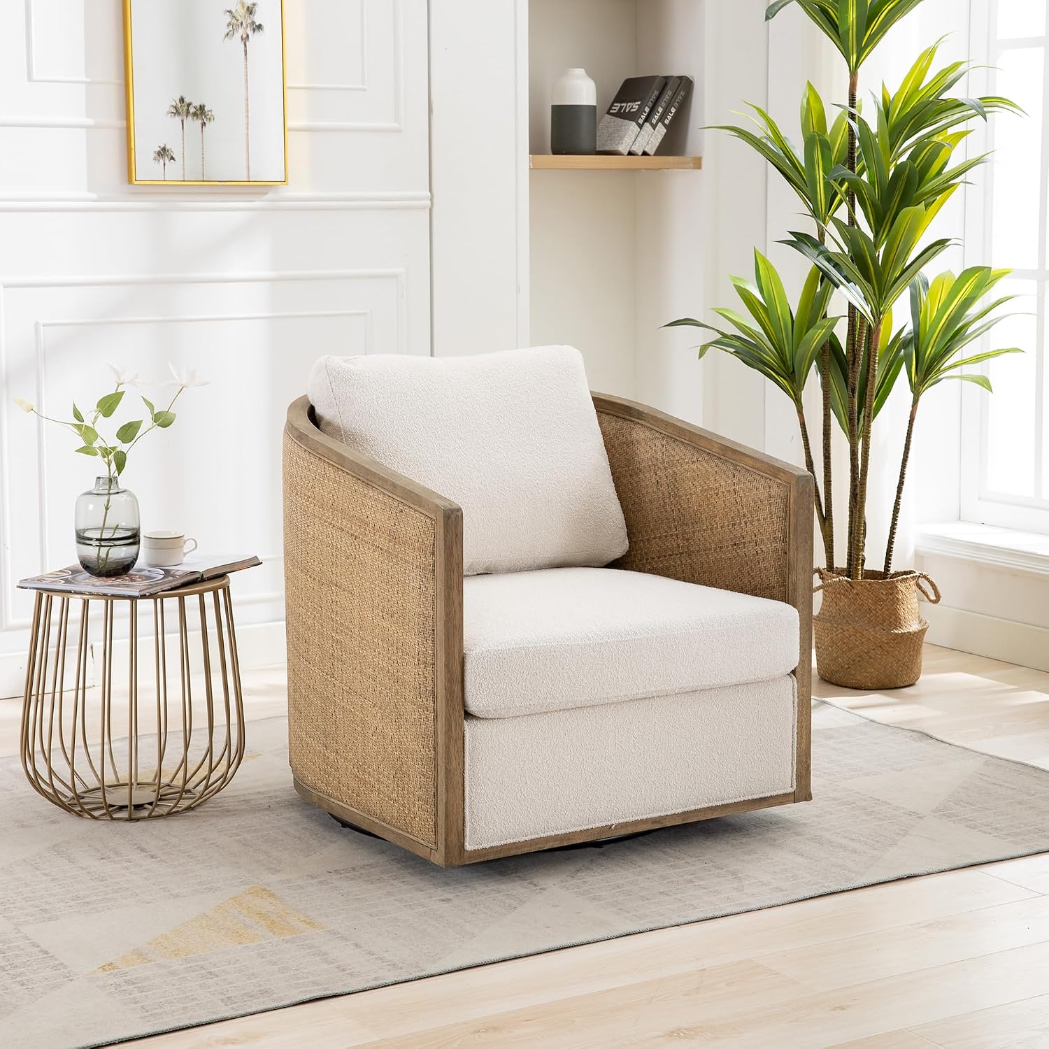 Beige Boucle Rattan Swivel Barrel Accent Chair