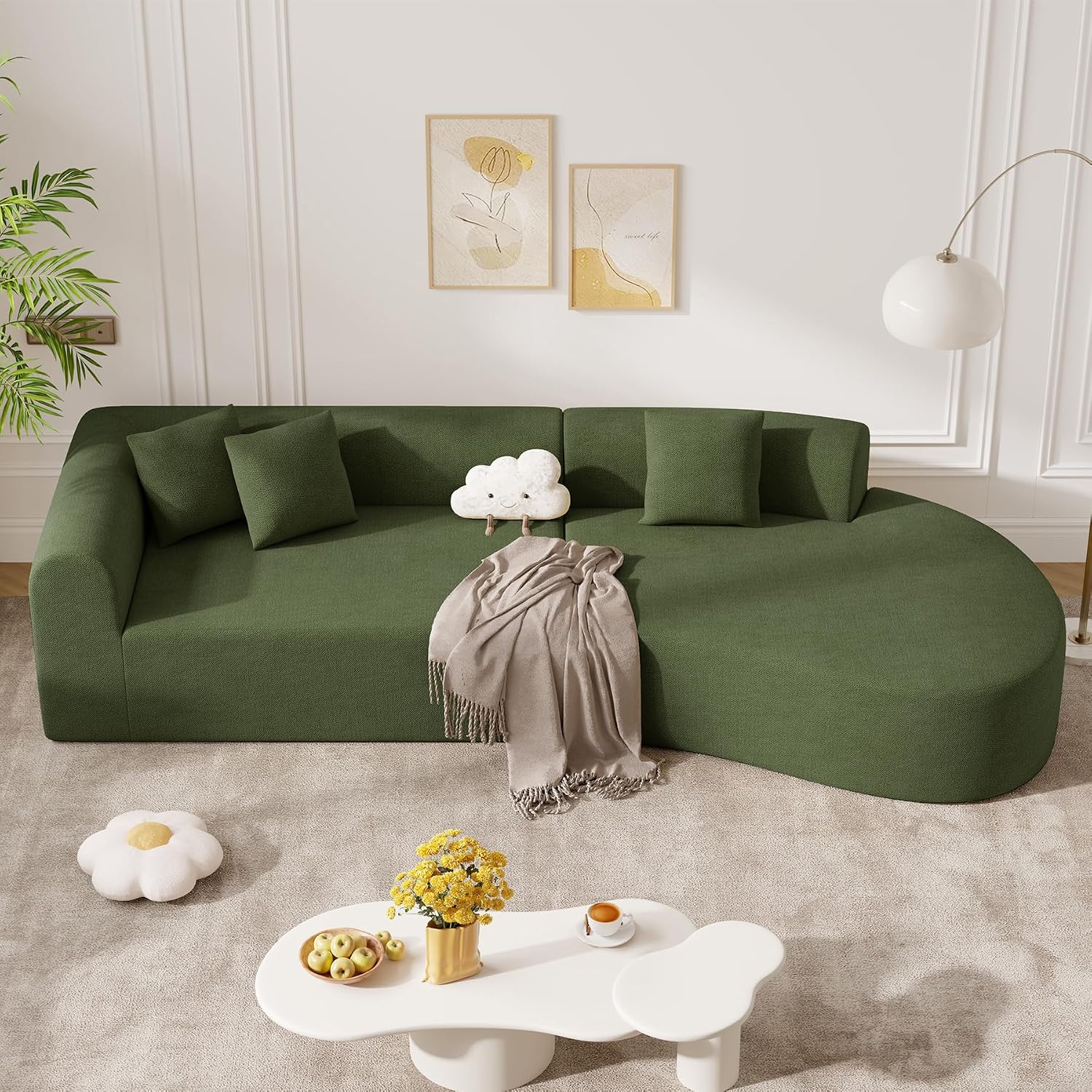 Green Chenille 126" Curved Modular Cloud Sofa