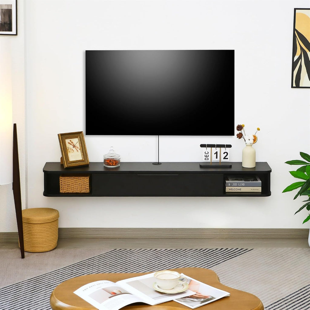 Black Wall Mount Floating Storage Media TV Stand