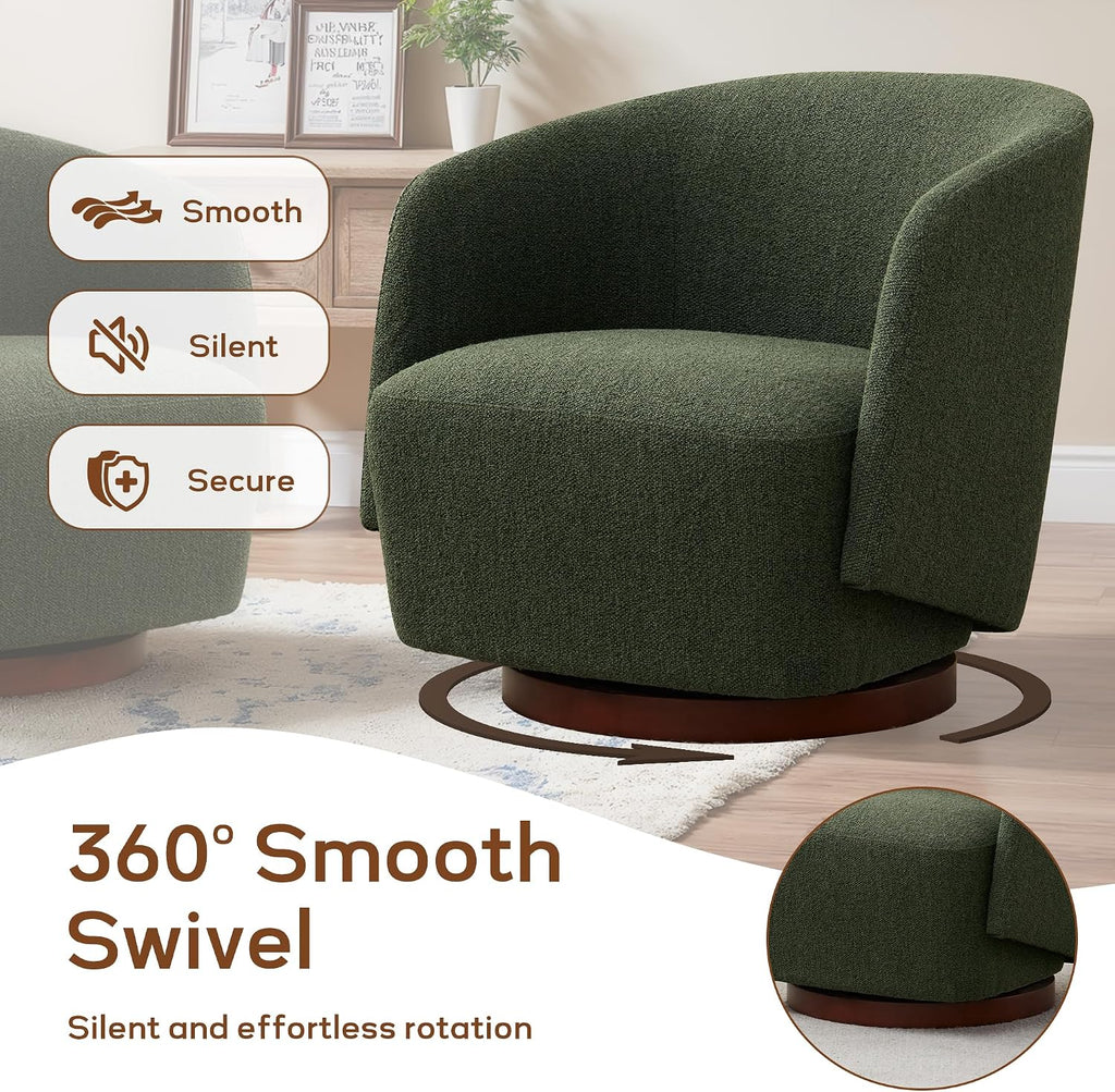 Green Boucle Rubberwood Base 360 Swivel Barrel Chair