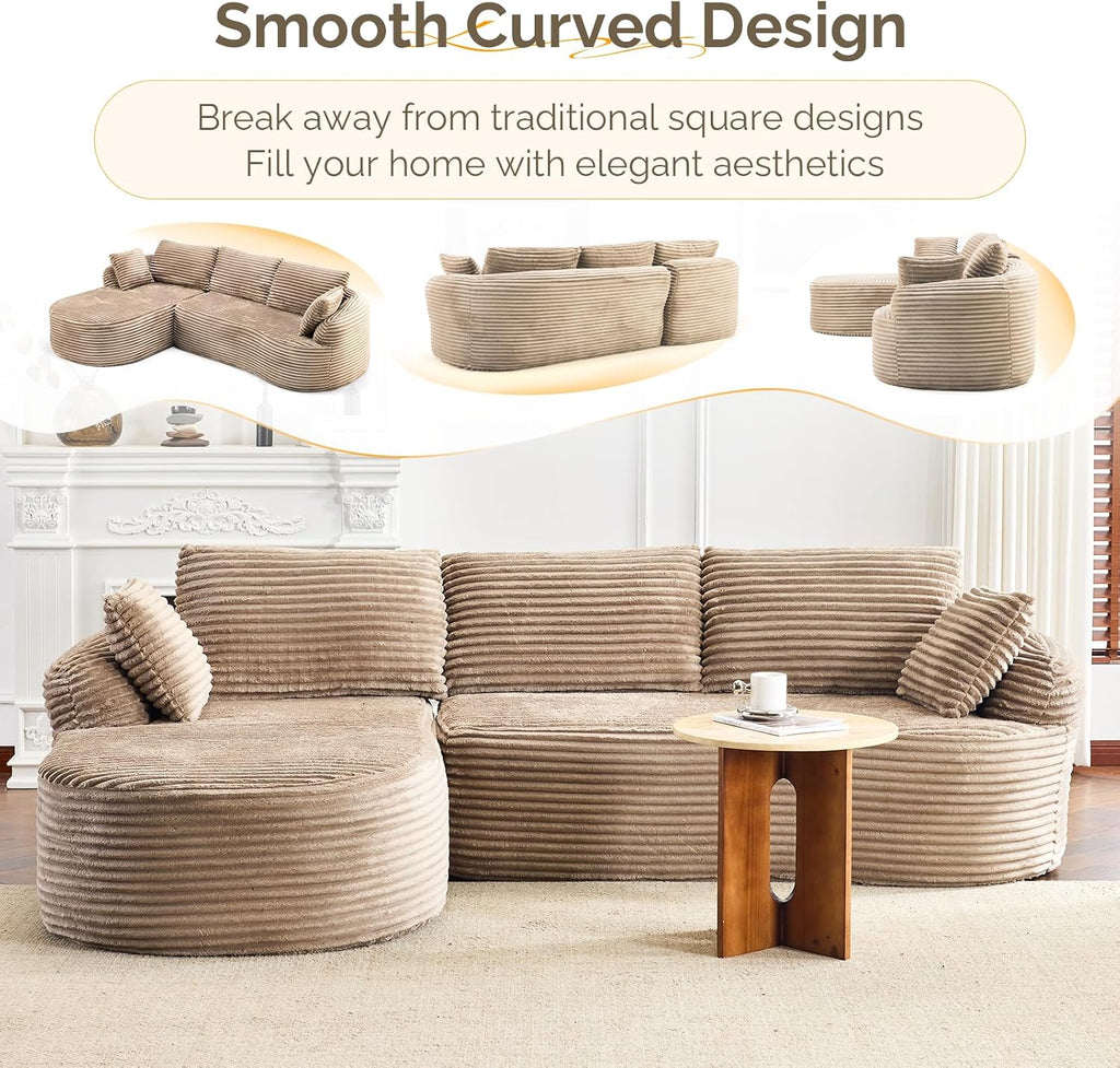 Khaki Corduroy Curved Convertible Chaise Cloud Sectional Sofa
