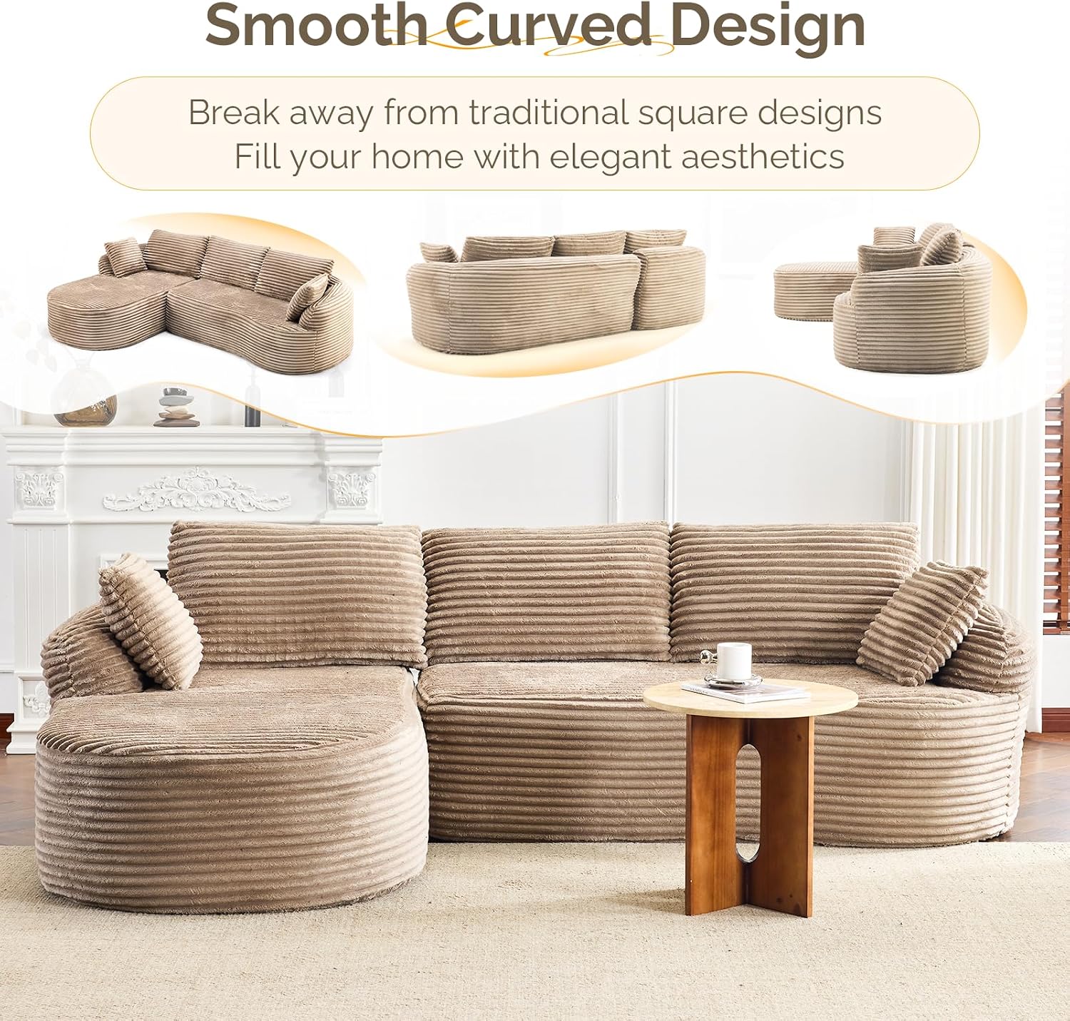 Khaki Corduroy Curved Convertible Chaise Cloud Sectional Sofa