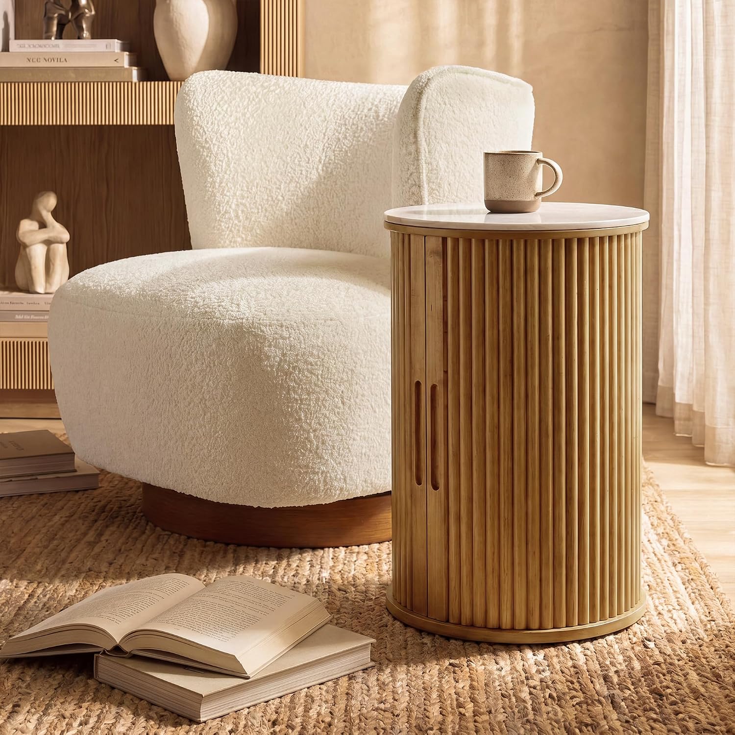 Natural Wood Fluted Storage Stone Top Round End Table