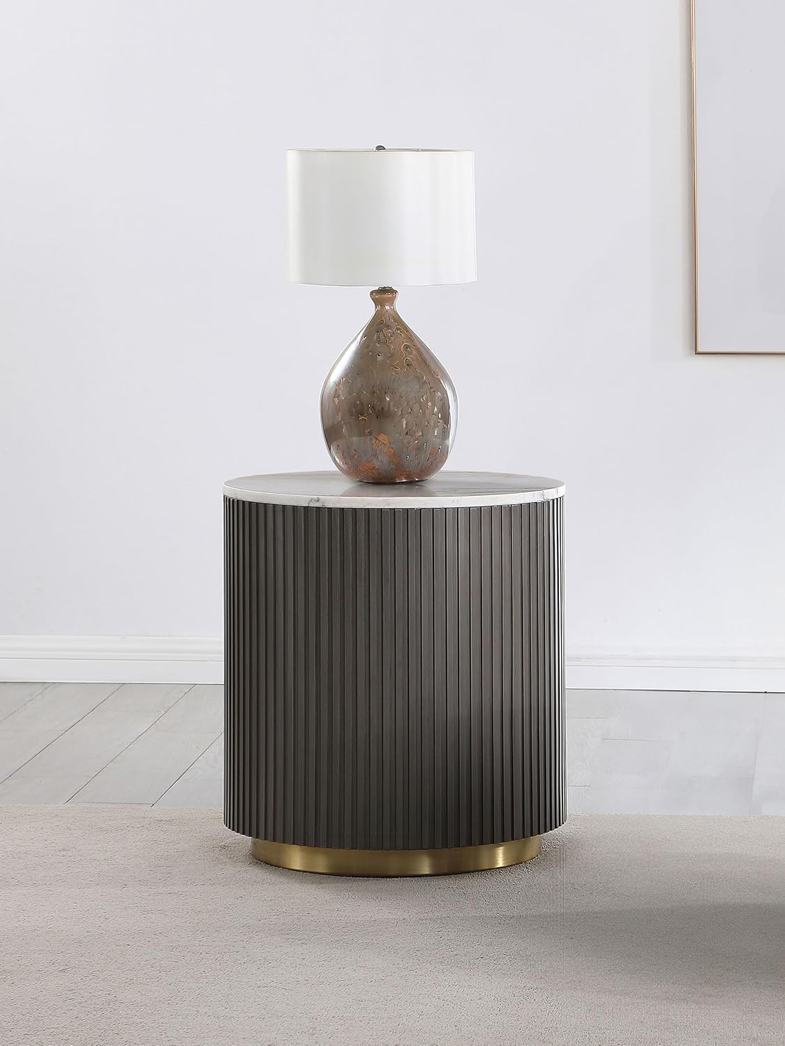 White Charcoal Reeded Drum Round Wood Metal End Table