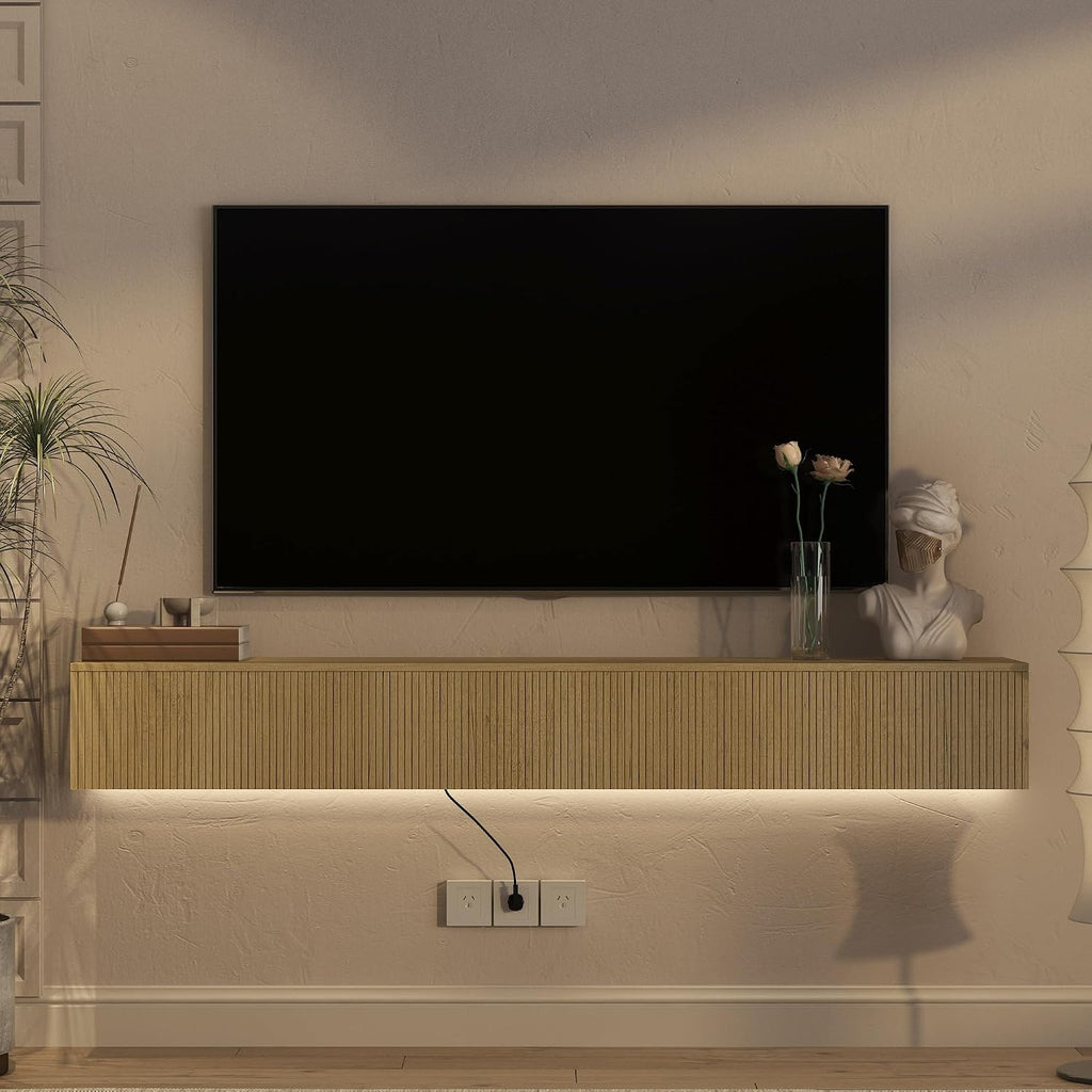 Oak Fluted LED Wall Mount Floating TV Stand