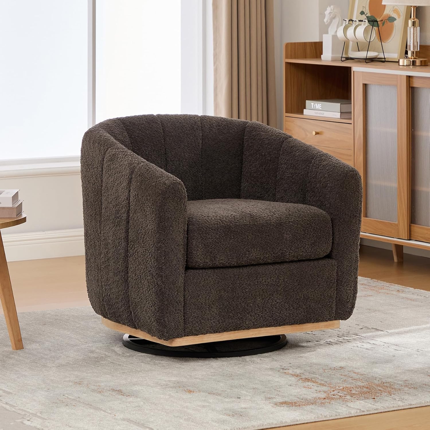 Charcoal Tufted Boucle 360 Swivel Barrel Armchair