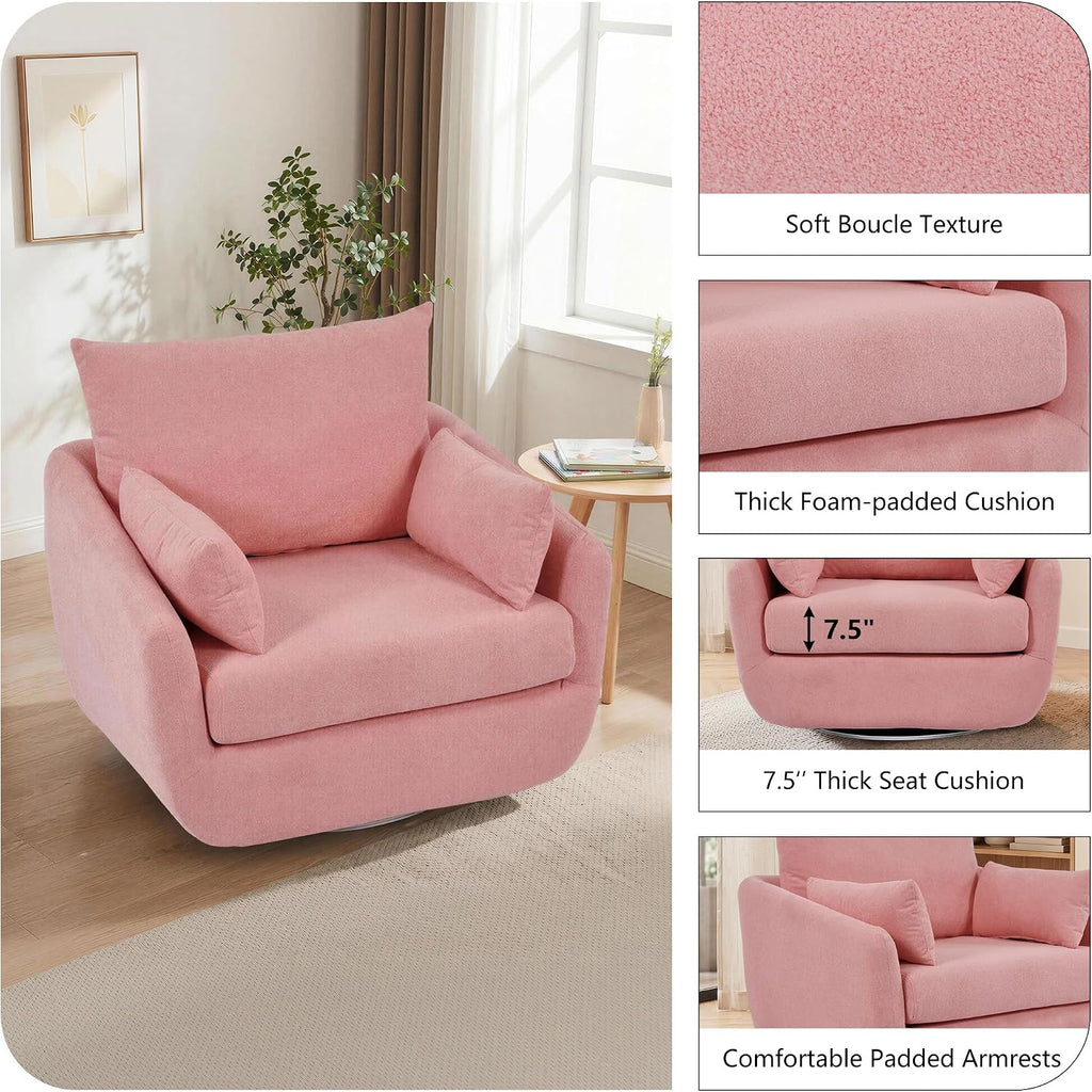 Blush Pink Sherpa Boucle LED Swivel Armchair Wood
