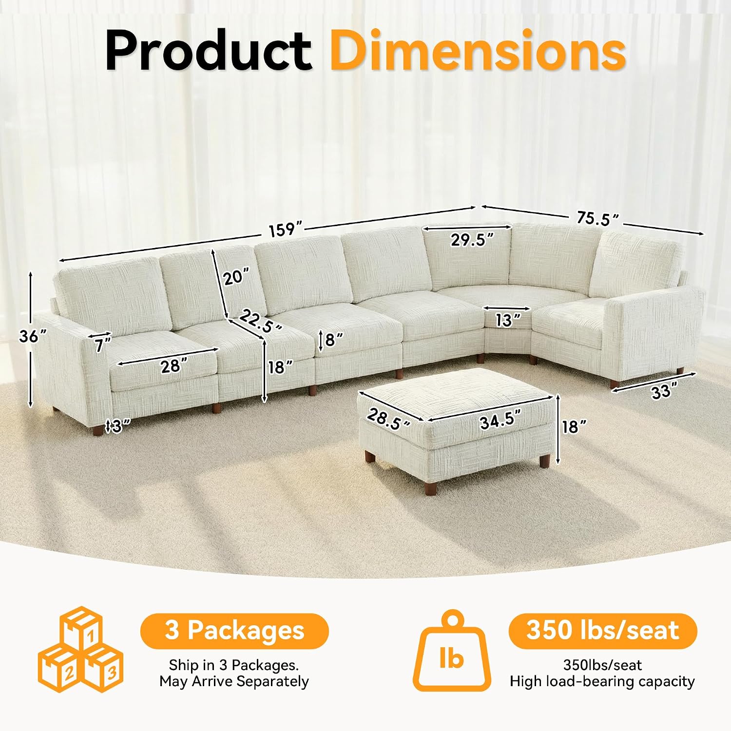Cupholders Moveable Seat Curved Modular Sofa