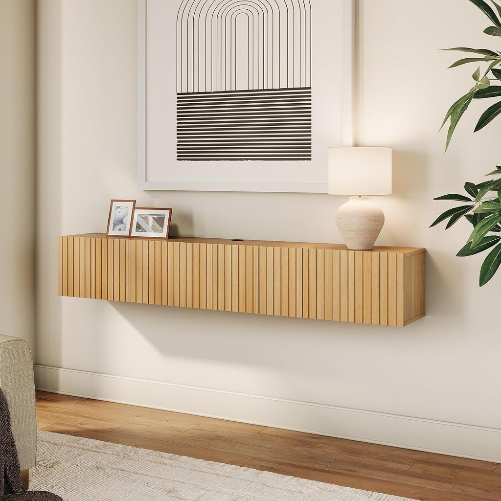Oak Fluted Flip Door Wall Floating Storage TV Stand