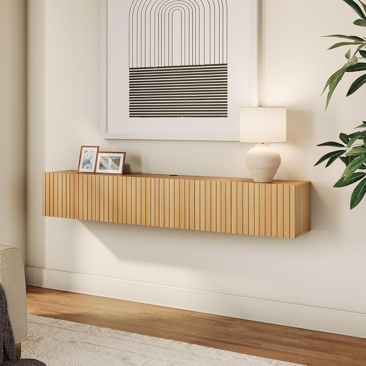 Oak Fluted Flip Door Wall Floating Storage TV Stand
