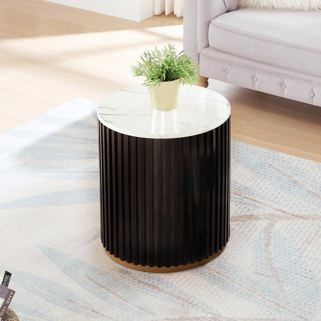 Black Brown Storage Marble Top Drum Wood End Table
